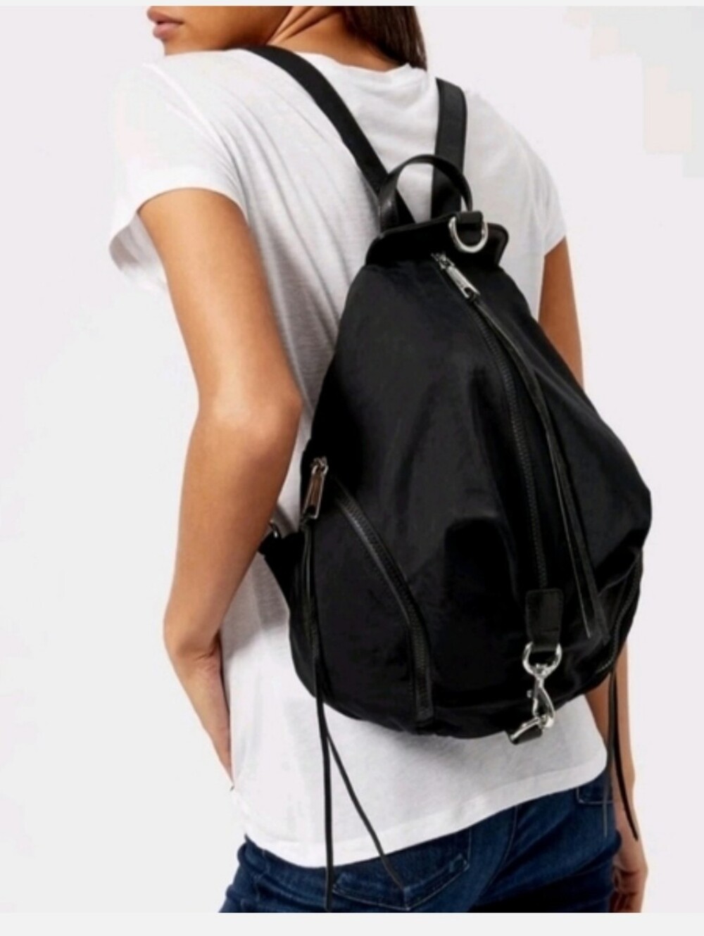 Rebecca‎ Minkoff Julian Black  Nylon Leather Backpack Silver Hardwear